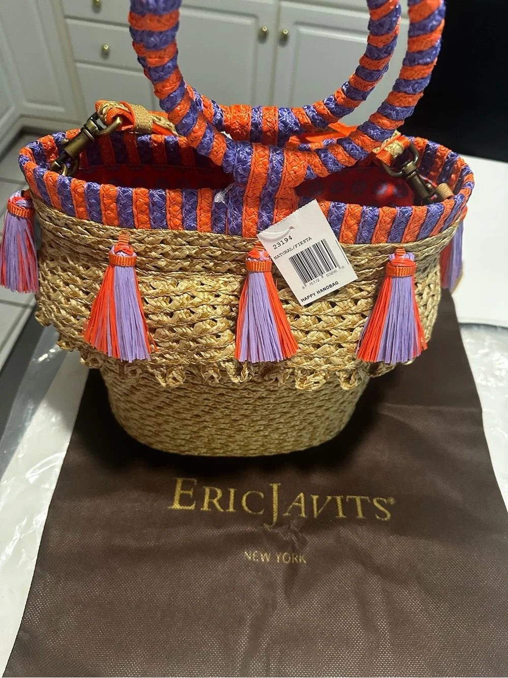 Eric Javits Straw Tote with orange and purple Trim
